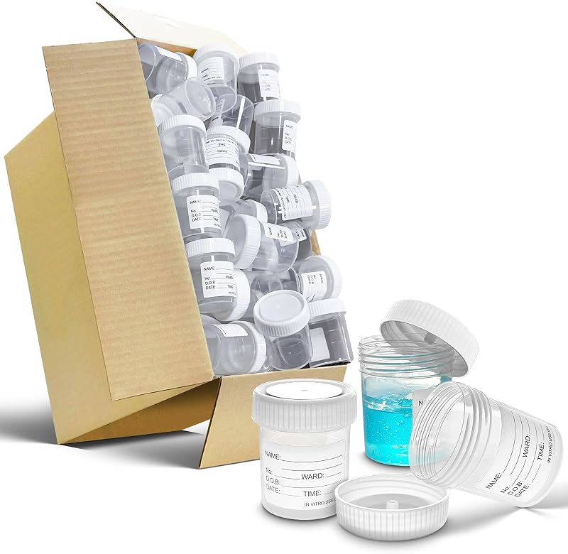 RE-GEN 50pk 60ml Clear Specimen Containers Leak Proof Screw Top Lids ID Labels