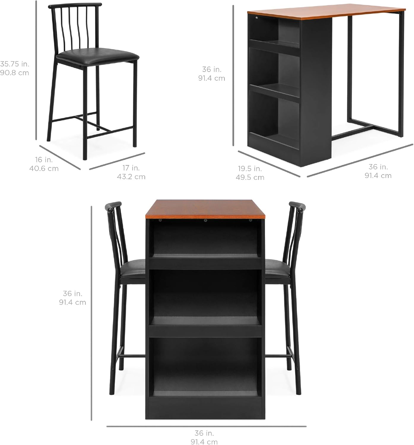 Best Choice Products 3-Piece 36in Wooden Counter Height Dining Table Set for Kitchen, Dining Room w/Storage Shelves, Metal Frame, 2 Barstools - Espresso - Table & Chair Sets