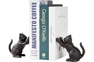 Denique Cat Decorative Bookends, Cute Book Ends to Hold Books, Bookends for Shelves, Unique Cast Iron Book Stopper for Heavy Books, Cat Office Decor, 1 Pair/2 PCS