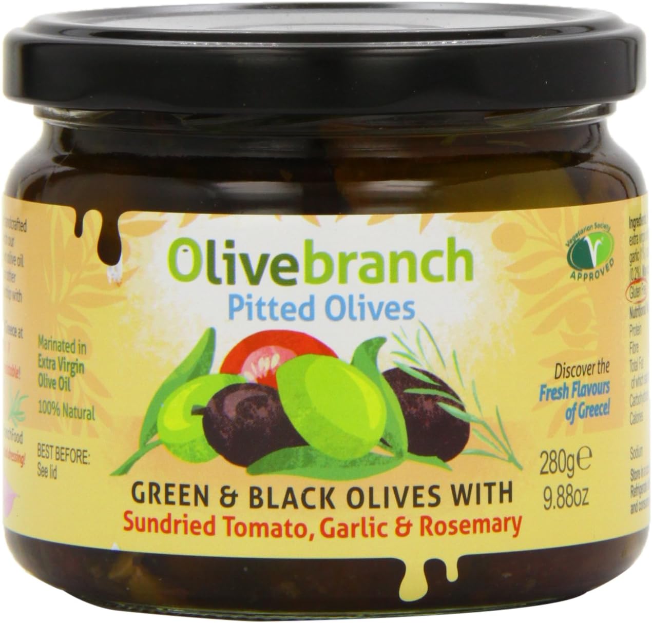 Olive Branch Green and Black Pitted Olives with Sundried Tomato Rosemary and Garlic 280 g (Pack of 2)