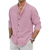 Mens Band Collar Shirts Vacation Casual Long Sleeve Button Down Tops with Pocket (S-2XL)