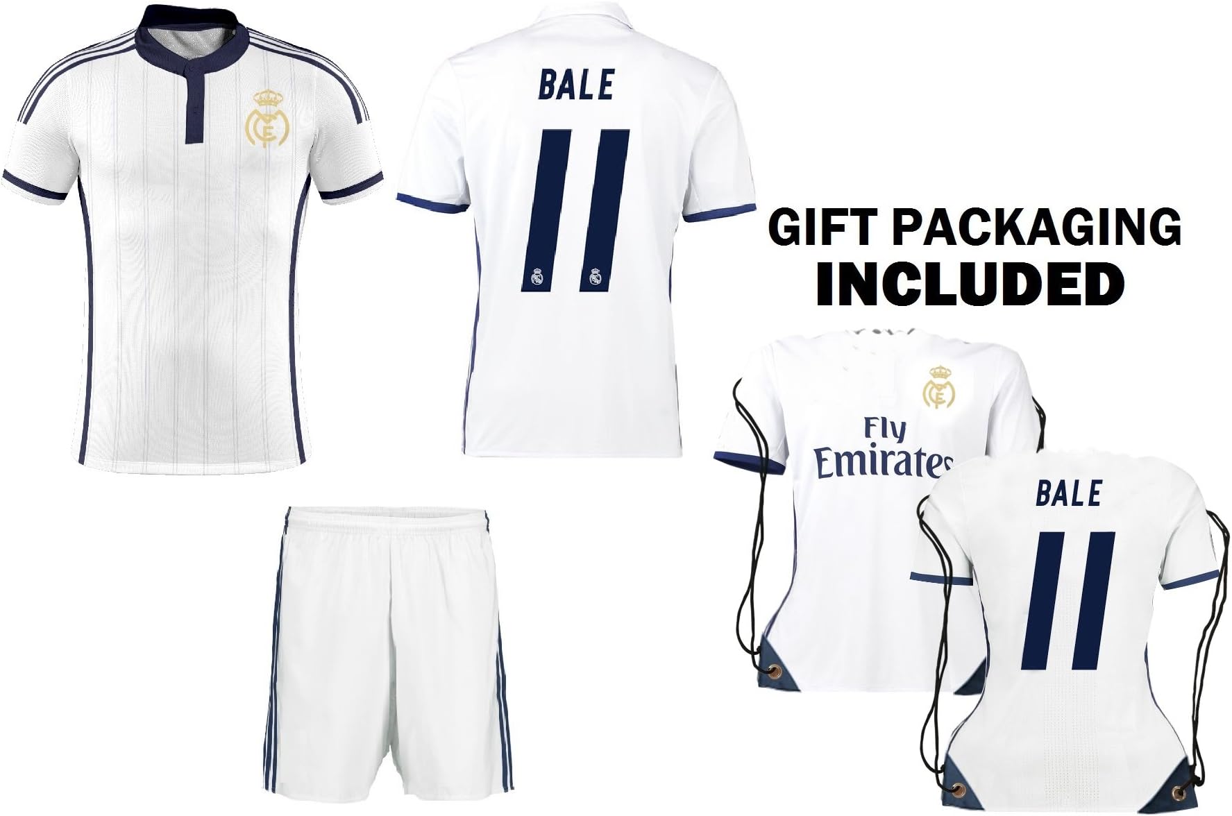 Real Madrid Kids Soccer Jersey Ronaldo #7 / Bale #11 Jersey Shorts Multiple Gift Kit Youth Sizes Bonus Ronaldo #7 Backpack