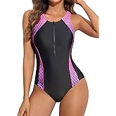 beautyin Women Front Zip One Piece Swimsuit Athletic Racerback Lap Bathing Suit