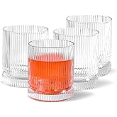 CHLJAR Ribbed Glassware Set of 4, 12 oz Vintage Drinking Glasses Iced Coffee Glasses Origami Style Transparent Rocks Glass Cups Ideal for Water, Juice, Whiskey and Cocktails