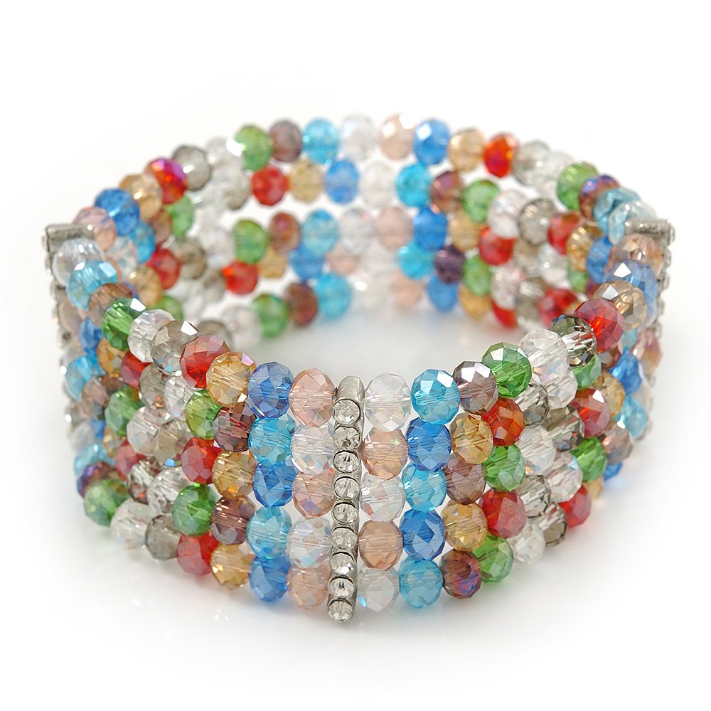 Avalaya 5 Strand Multicoloured Glass Bead Flex Bracelet With Crystal Bars - 20cm L