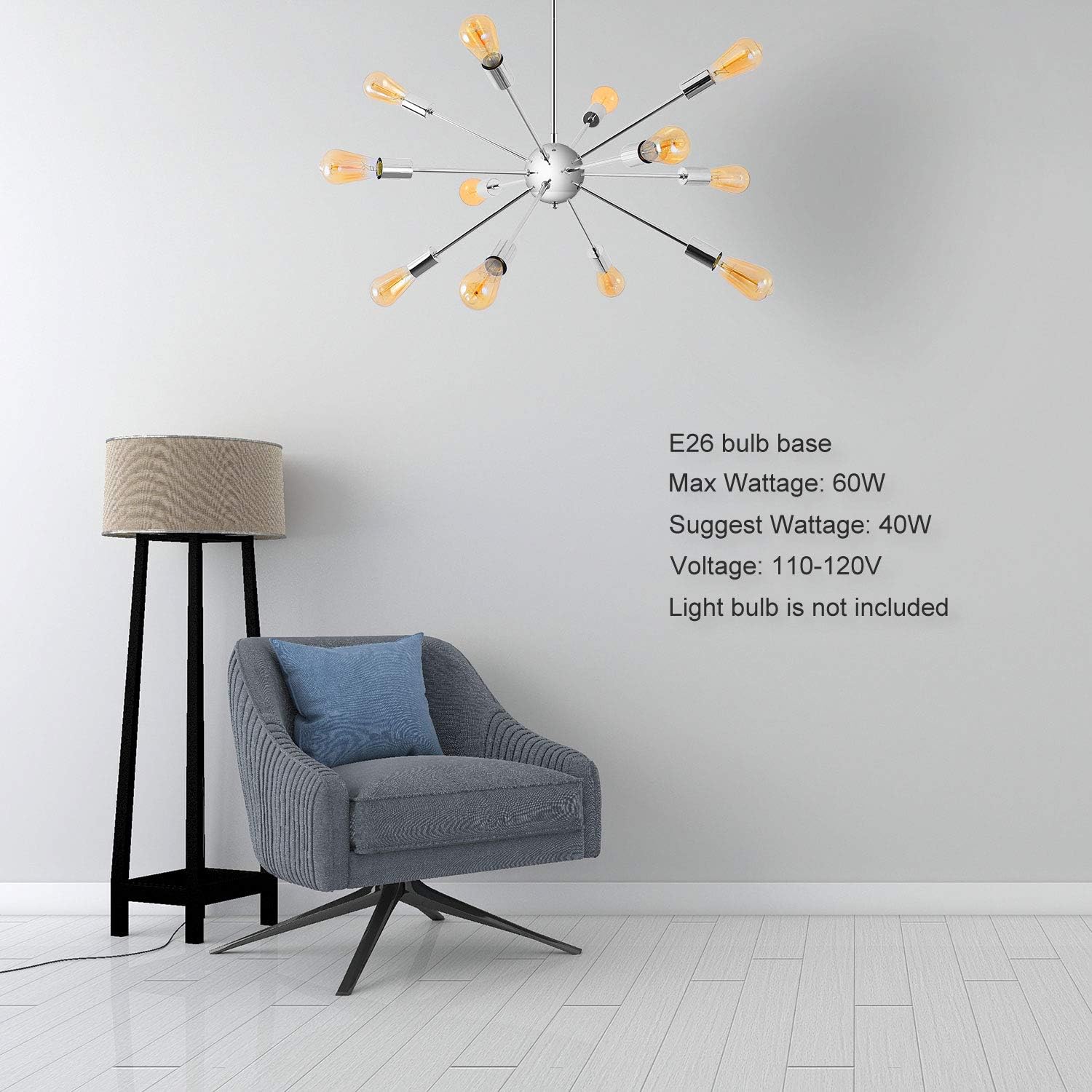 Modern Sputnik Chandeliers 12 Lights Mid Century Vintage Ceiling Light Fixture Industrial Pendant Lighting for Kitchen Dining Room Living Room Bedroom, Nickel - - 