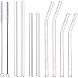 ALINK 8-Pack Clear Glass Smoothie Straws, 10mm Wide 10" + 9 " Long Reusable Drinking Straws with 2 Cleaning Brush