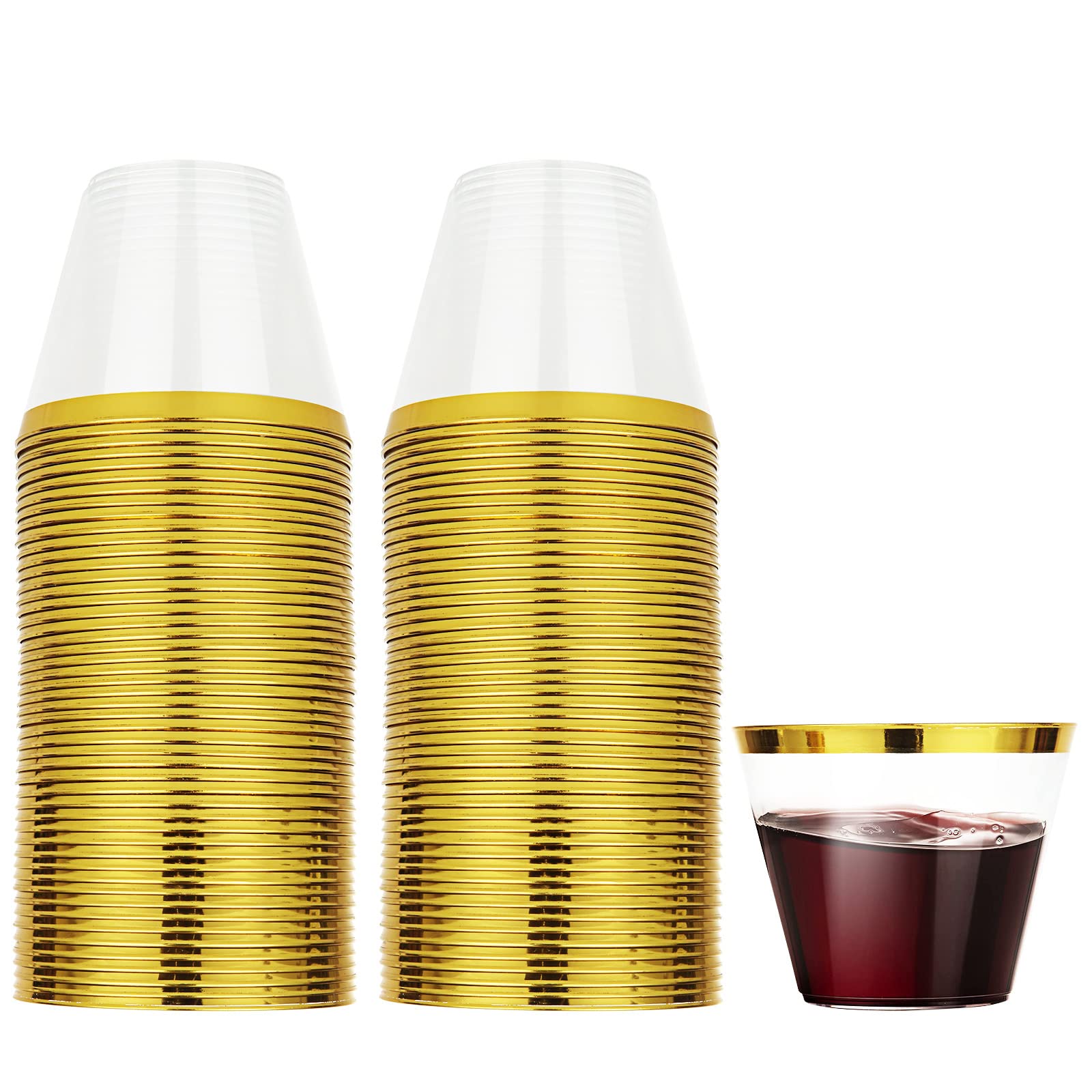YAYODS 100PCS Gold Rimmed Plastic Cups, 270ML Clear Drink Tumblers, Stackable Drink Cups for Wedding, Events, Cocktail and Parties