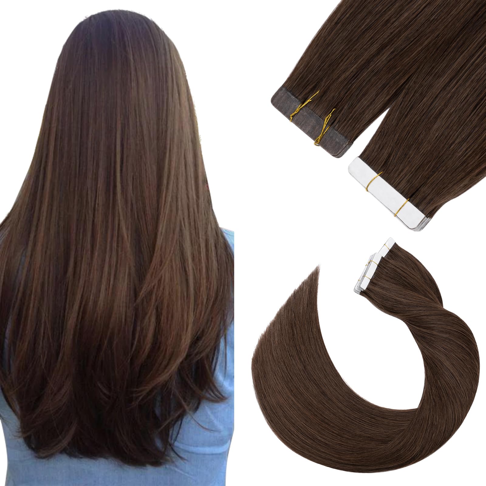 Tape in Hair Extensions Human Hair #04 Medium Brown Real Remy Hair Extension Skin Weft(20inch, 20 Pcs/50g)
