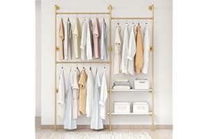 DABILONGC Industrial Pipe Clothes Rack,Wall Mounted Closet Wardrobe Rack, Corner L Shaped Walk-in Closet System, 2 Installation Methods (Gold, 80" H x 55" W)