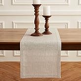 Solino Home Linen Table Runner 72 Inches Long - Narrow Stripe, 100% Pure Linen Natural and White Table Runner 14 x 72 Inch for Dining, Dresser, Spring, Easter, Mothers Day