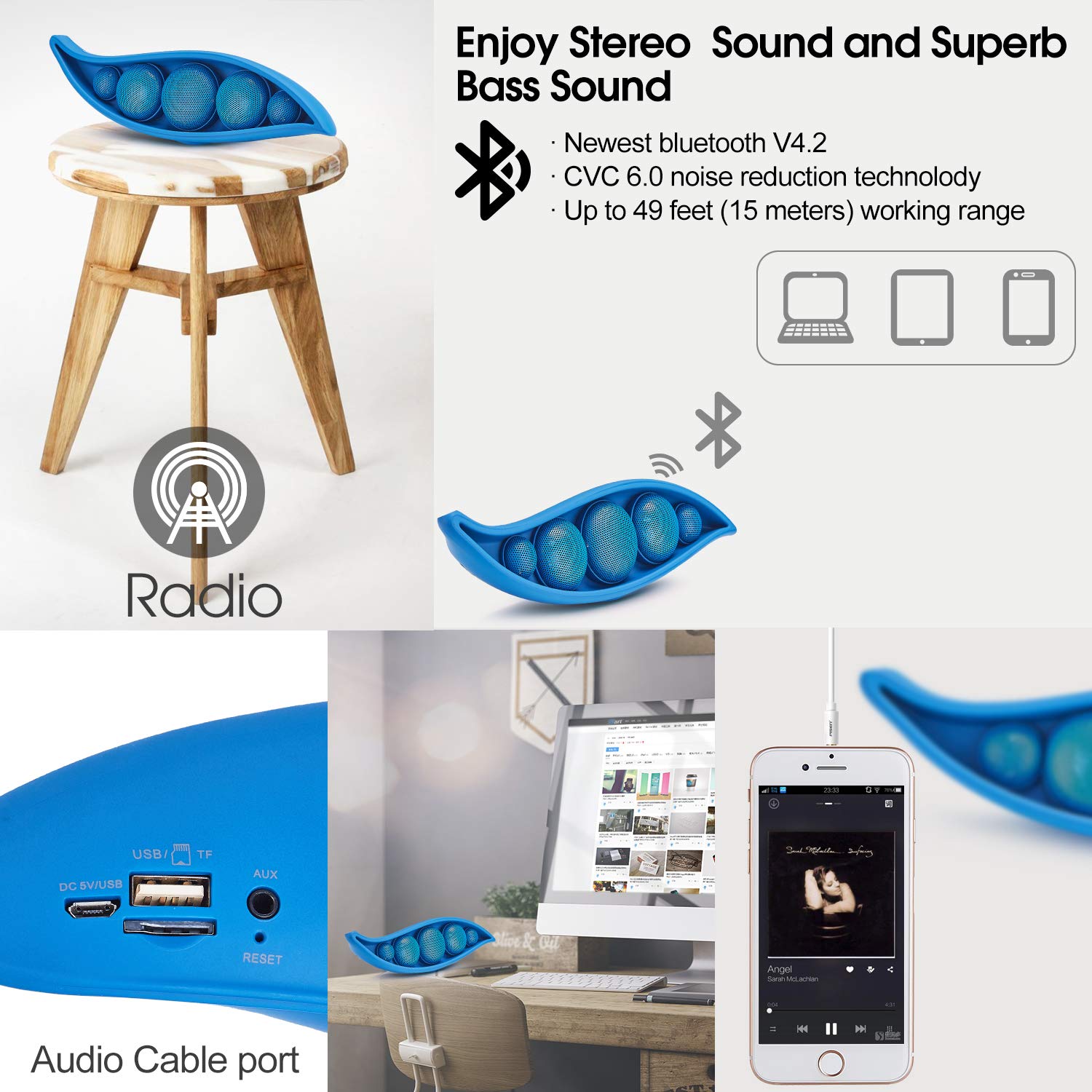 Bluetooth Speaker with Superior Stereo Sound, Exclusive Pea Appearance, 5-Watts, 24-Hour Playtime, Perfect Wireless Speaker for Home (Blue)