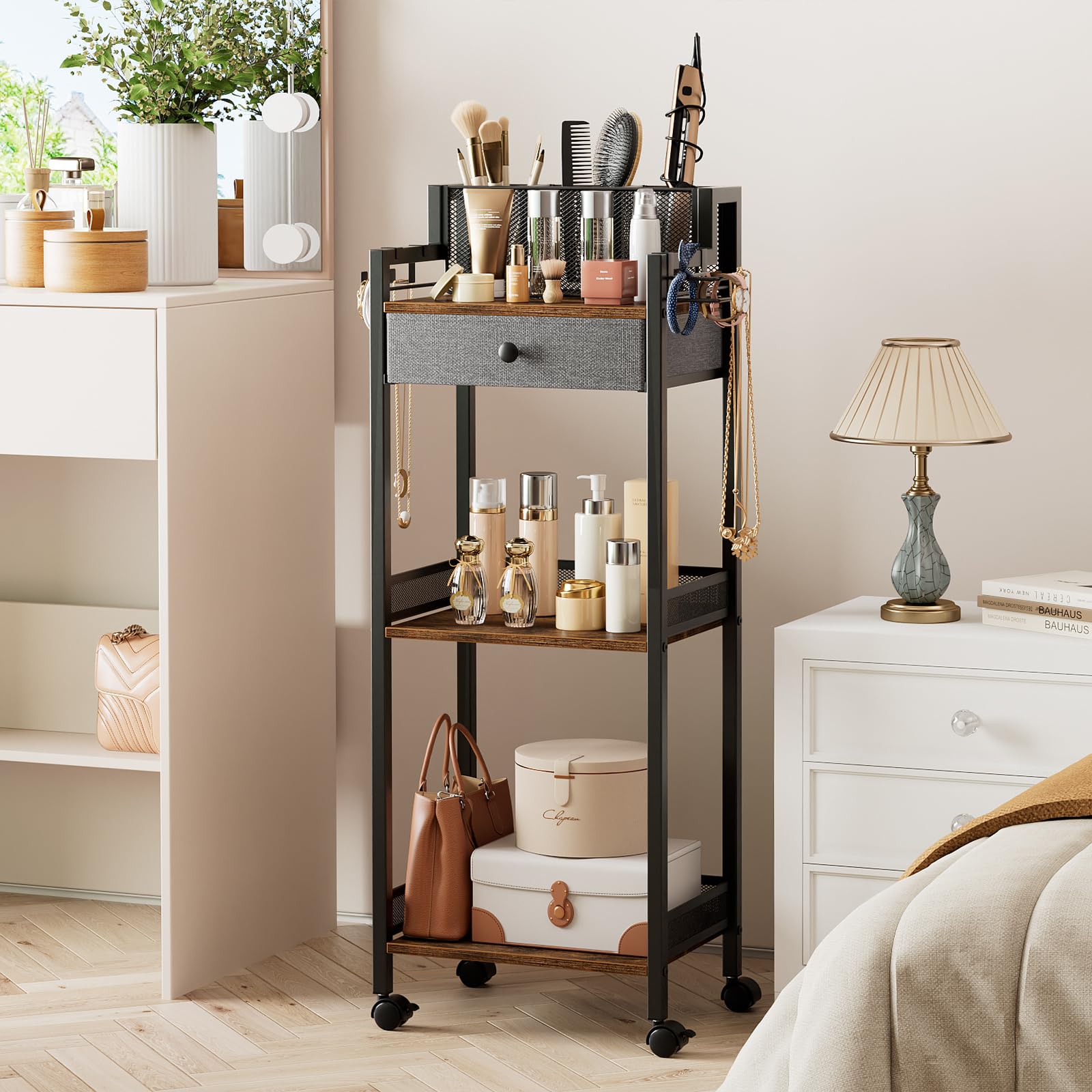 FURFUN Bathroom Shelves with Drawer, 3 Tier Metal Rolling Standing Unit Storage Organizers with Toilet Paper Holder, Multifunctional Floor Corner Rack for Cosmetic, Dryer Curling Irons 12.8in Wide