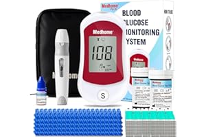 Medhome Blood Glucose Monitor Kit, 100 Glucometer Strips, 100 Lancets, 1 Lancing Device, 1 Blood Sugar Monitor with Control Solution, Large Memory Capacity, No Coding.