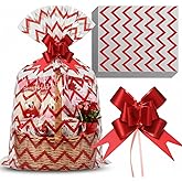 Teenyyou 24 Pcs Cellophane Bags for Basket 24 x 30 Inches & 24 Pcs Large Pull Bows, X-Large 2.5 Mil Thickening Plastic Cellophane Bags for Valentine's Day Birthday Party Gift Wrapping(Wave)
