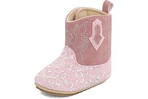 ESTAMICO Baby Girls Embroidery Western Cowgirl Boots Infant Sequin Leather Cowboy Booties Round Toe Ankle High Hook and Loop Shoes