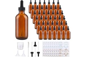 Comrzor 42 Pack 4oz Amber Glass Bottles with Glass Eye Droppers for Essential Oils, Perfumes & Lab Chemicals (Brush, Funnels, 3 Extra Droppers, 48 Pieces Labels & 30ml Measuring Cup Included)