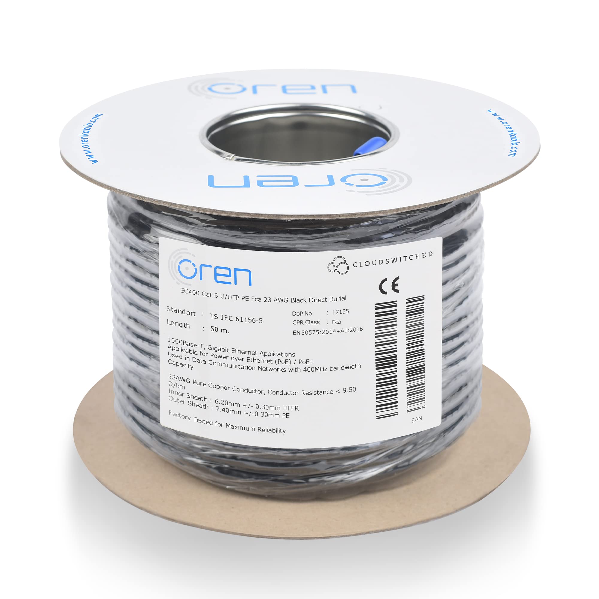 Oren CAT6 Outdoor Ethernet Cable 50m - Direct Burial - 23 AWG Pure Copper Wire - 400 MHz Bandwidth UTP Internet LAN Network Cable - Halogen Free, Non-Corrosive - Gigabit High Speed