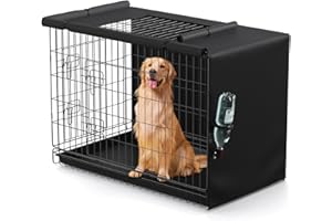 BROSYDA Dog Crate Cover - Privacy Kennel Cover Fits 42 inch Double Door Wire Crate, Heavy Duty 600D Oxford Fabric Dog Cage Cover with Top Window and Drinking Hole Design, Black, (Cover only)
