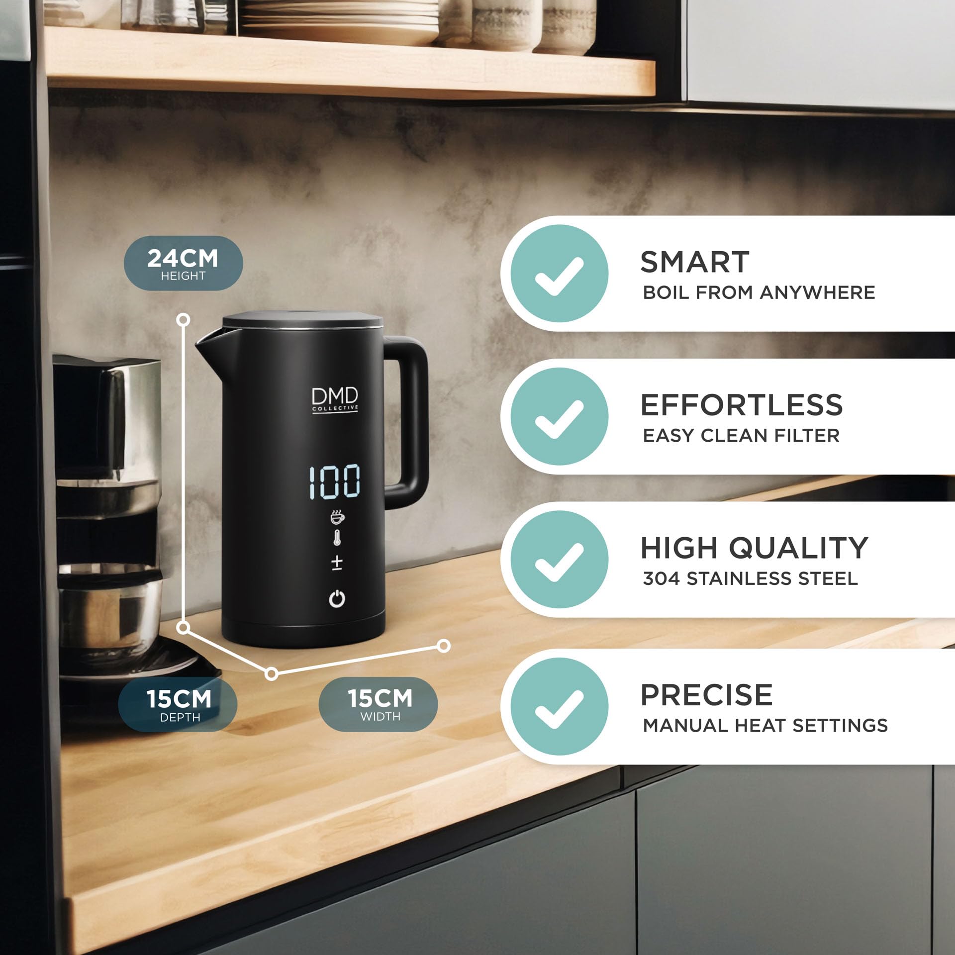 DMD Collective – Smart Kettle 1.5L, Wi-Fi Touchscreen, Voice Control with Alexa & Google | Digital Temperature Display, Double Wall & Anti-Scalding Design, Energy-Efficient