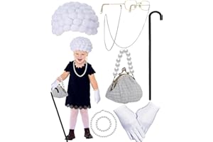 Croknit 8 Pcs Old Lady Costume Set for Kids 100th Day of School Costume for Girls Granny Wig Cosplay (White)