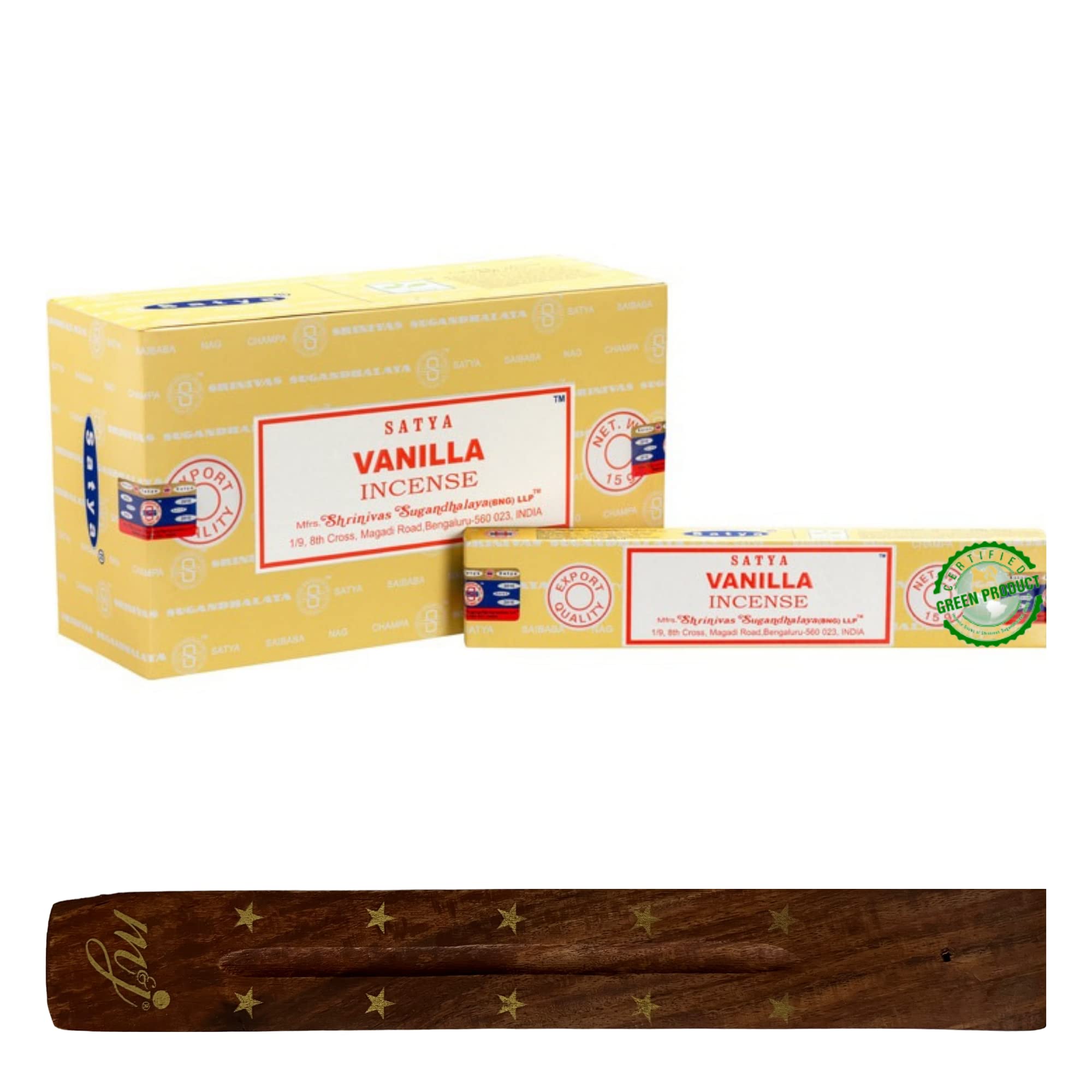 Original Satya Nag Champa Vanilla Incense Sticks | with M&J incense sticks holder | Full Box | for Aromatherapy, Spa, Yoga, Weddings, Meditation, Healing, Positivity and Relaxation