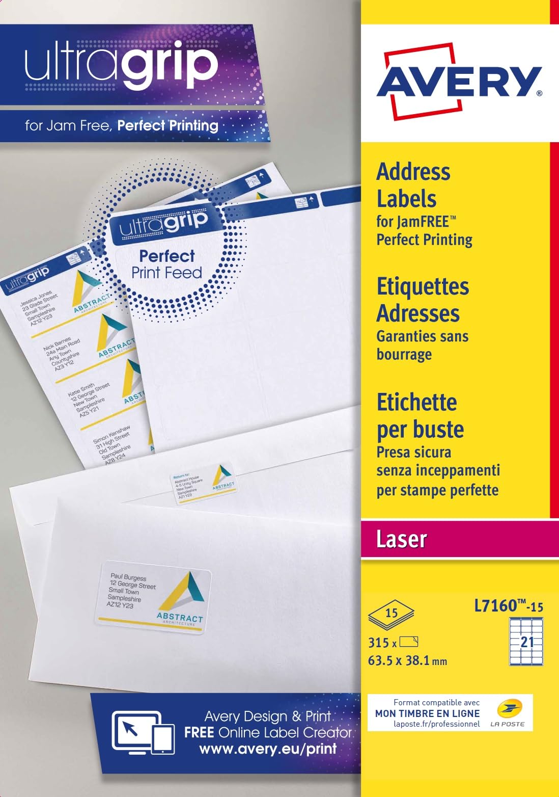 AVERY - 315 Custom White Self-Adhesive Address Labels - No Jam - Format 63.5 x 38.1 mm - Laser Printing
