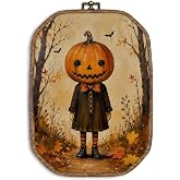 ZIKZAUDOU Halloween Fall Pumpkin Head Children Octagon Wall Art Framed, Vintage Farmhouse Pumpkin Head Canvas Prints Wall Decor, Gothic Fall Spooky Hanging Decor for Living Room Bedroom, 10.2x7 Inch