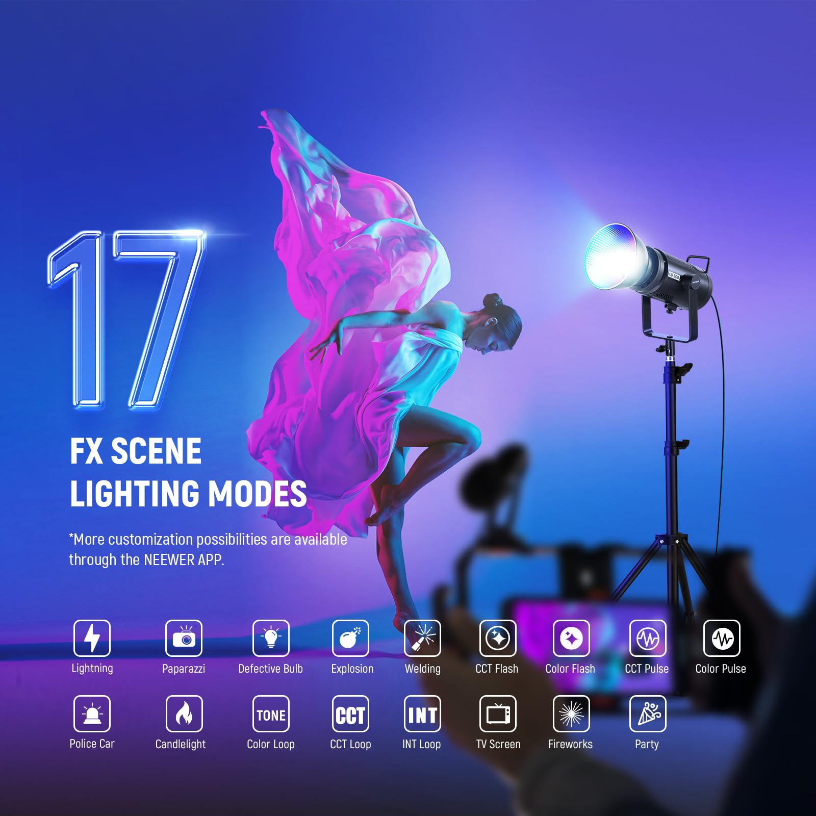 NEEWER CB 300C RGB LED Video Light with Reflector, 300W, APP/2.4G Control, 17 Scenes 29600Lux/1m 2500-7500K CRI97+/TLCI97+ Full Color Bowens COB Continuous Output Lighting Dimmable for Studio Filming