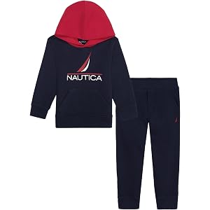 Nautica Boys' 2-Piece Sweatsuit Set, Fleece Hoodie Sweatshirt and Sweatpants, Scarlet Sage/Navy Blazer, 4