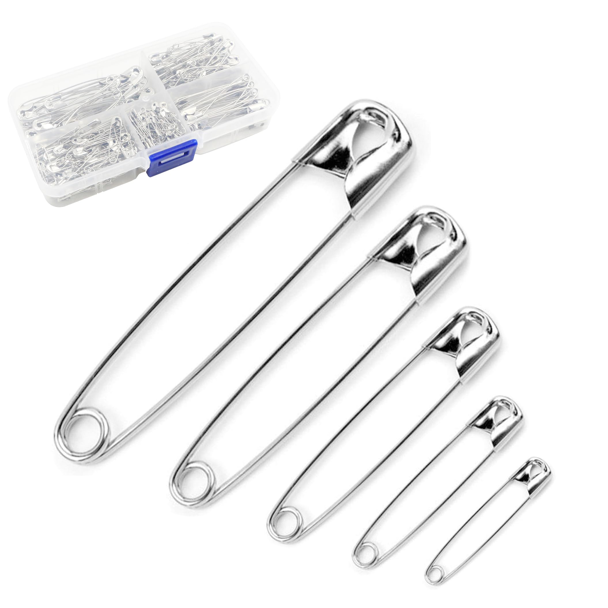 260Pcs Safety Pins, Assorted 5-Sizes Safety Pins with Box, Strong Nickel Plated Steel, Rust Resistant, Sewing Accessories Kit Ideal for Art & Crafts, DIY, Pinning, Hemming, Dressmaking Home Office