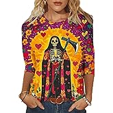 Día De Los Muertos Shirts for Women 2025 Mexican Day of Dead T-Shirts Skull Skeleton Print 3/4 Sleeve Tops Sweatshirt