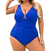 Curvagile Women's Plus Size One Piece Swimsuits Tummy Control Ruched Bathing Suit Sexy Cutout Deep V Neck Swim Suit XL