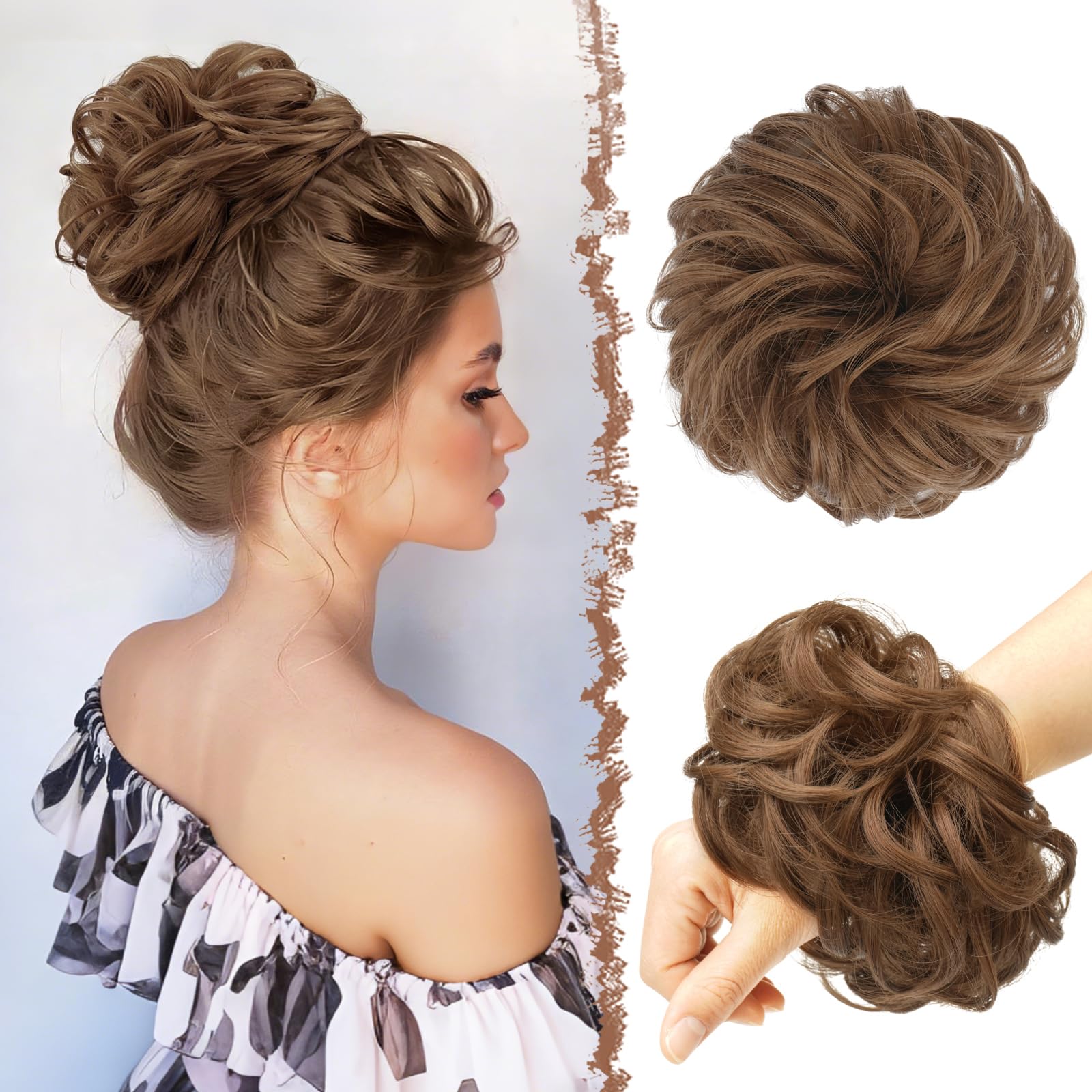 FESHFEN Messy Bun Hair Piece Hairs Scrunchies Thick Curly Wavy Pony Tail Synthetic Accessories Donut Updo Hairpieces for Women Girls 55g, Light Golden Brown
