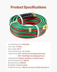 VEVOR Oxygen Acetylene Hose, 1/4-Inch x 25FT Oxy