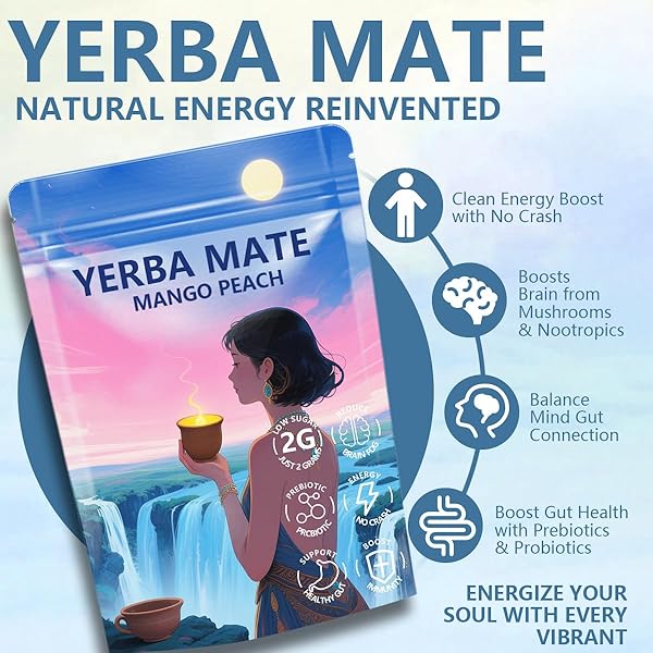 YERBA MATE 3-IN-1 SUPER DRINK TEA POWDER, PROBIOTICS MATCHA, 30 SERVINGS, BRAIN FOG BUSTER ENERGY AND FOCUS SUPPORT (PEACH MANGO)