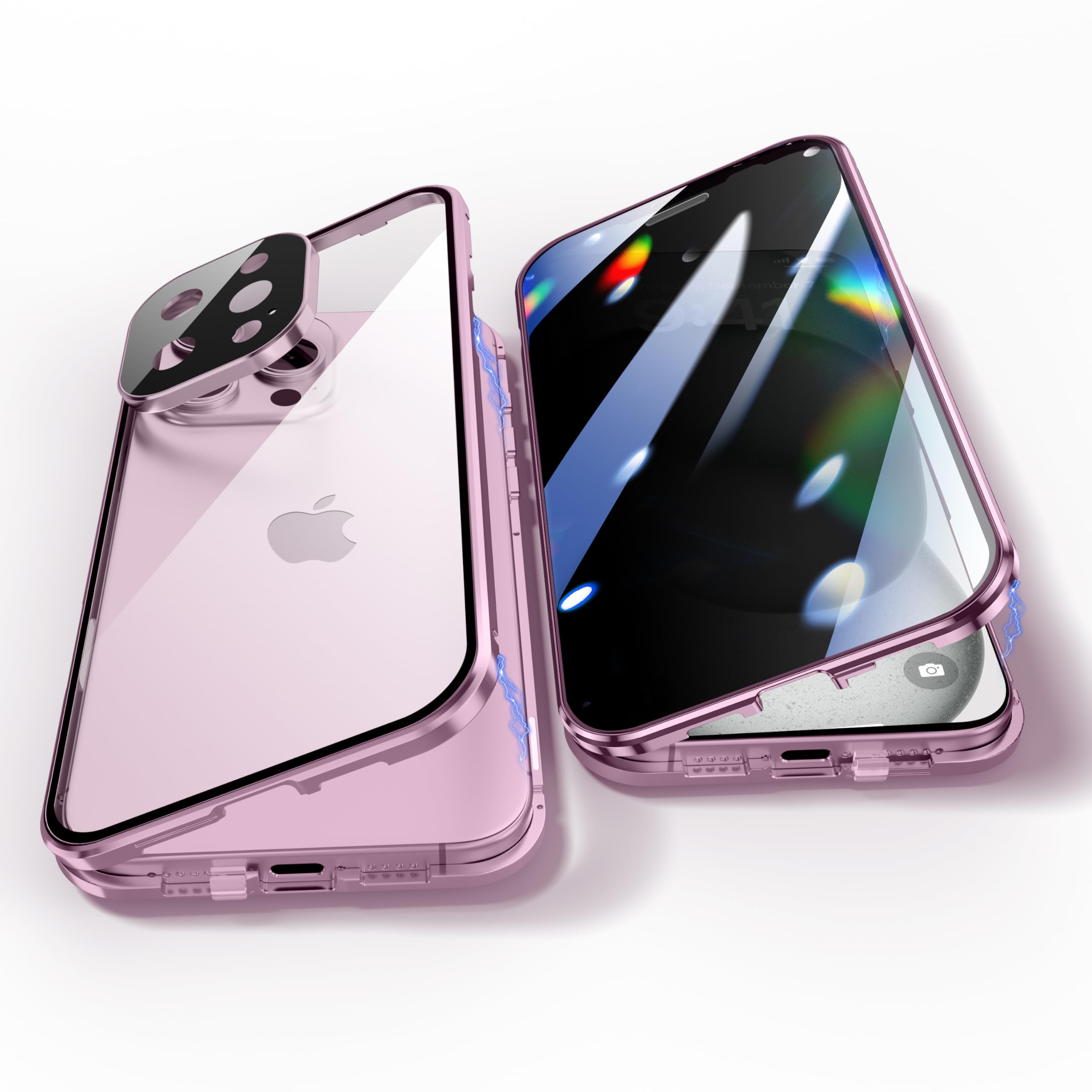Anti Peeping Case for iPhone 16 Pro Max, Anti SPY Screen, Anti Peep Magnetic Adsorption Metal Bumper with Lens Protector 360 Degree Protection Front Privacy Tempered Glass Back Clear Cover (Pink)
