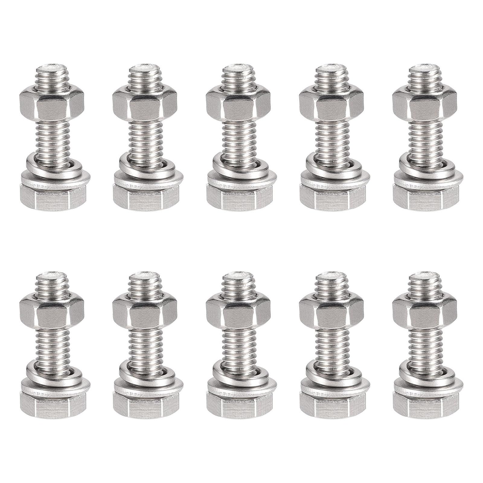 TOP-VIGOR 10Pcs M6 x 20mm Hex Head Screws Bolts, Nuts, Flat & Lock Washers Kits, 304 Stainless Steel Fully Thread Hexagon Bolts for DIY Bike Motorcycles Repair