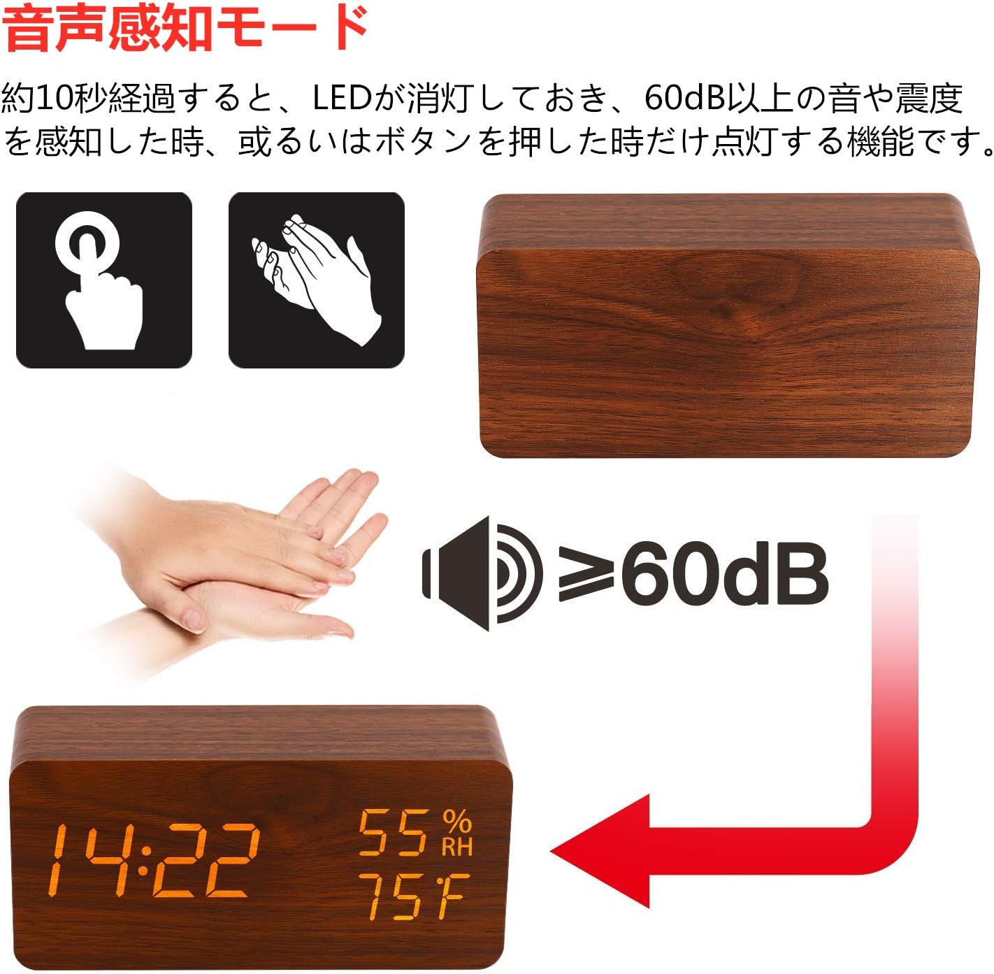 Amazon Co Jp 目覚まし時計 置き時計 木目 おしゃれ Ledデジタル 時計 アラームクロック 温度湿度計 カレンダー 記憶機能 Usb給電式 インテリア プレゼントgoodview ホーム キッチン