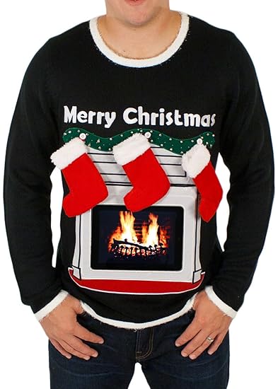 Lighted Fireplace Christmas Sweater With Tablet Pouch In Black
