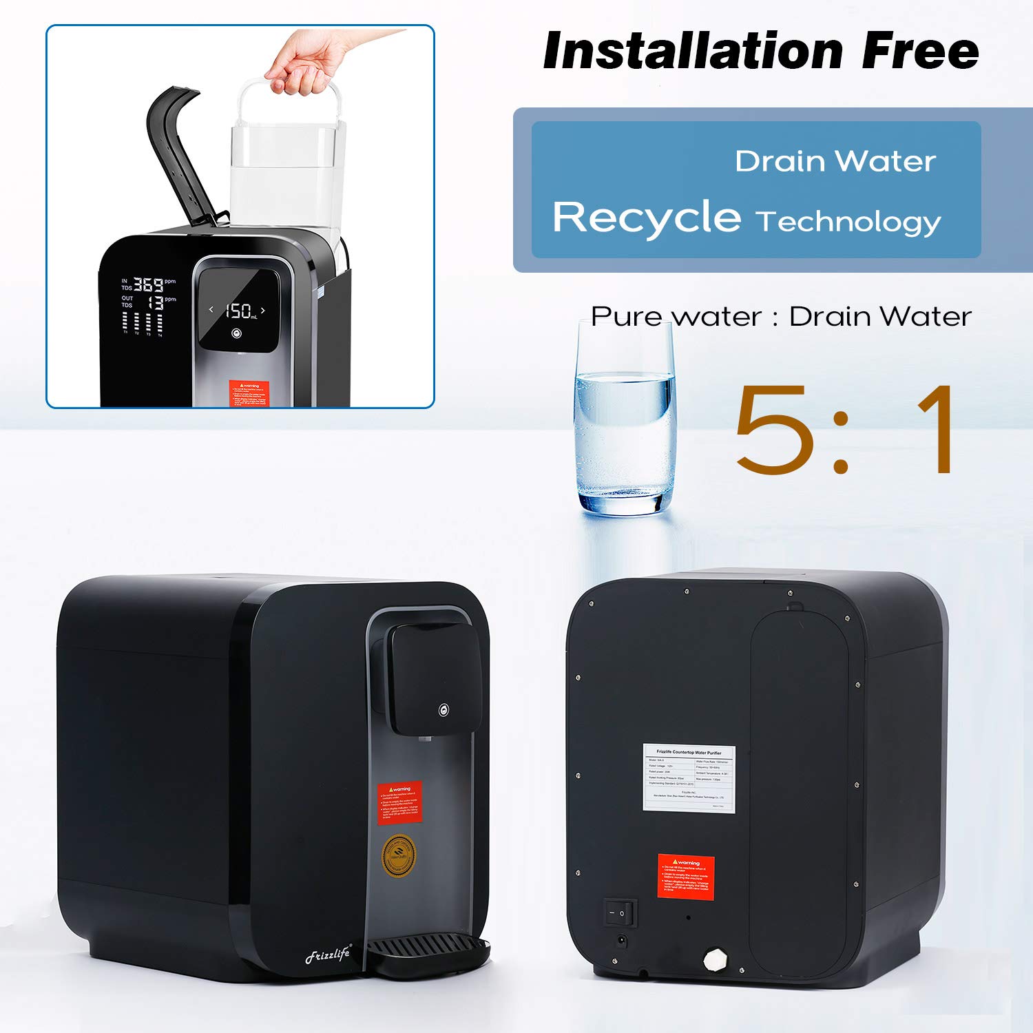 Frizzlife Reverse Osmosis Water Filtration System - Countertop RO Water Filter, 4 Stage, Tankless, TDS and Filter Life Monitoring, Drain Water Recycle (Water Utilization 5:1), RO System Certified: Industrial & Scientific