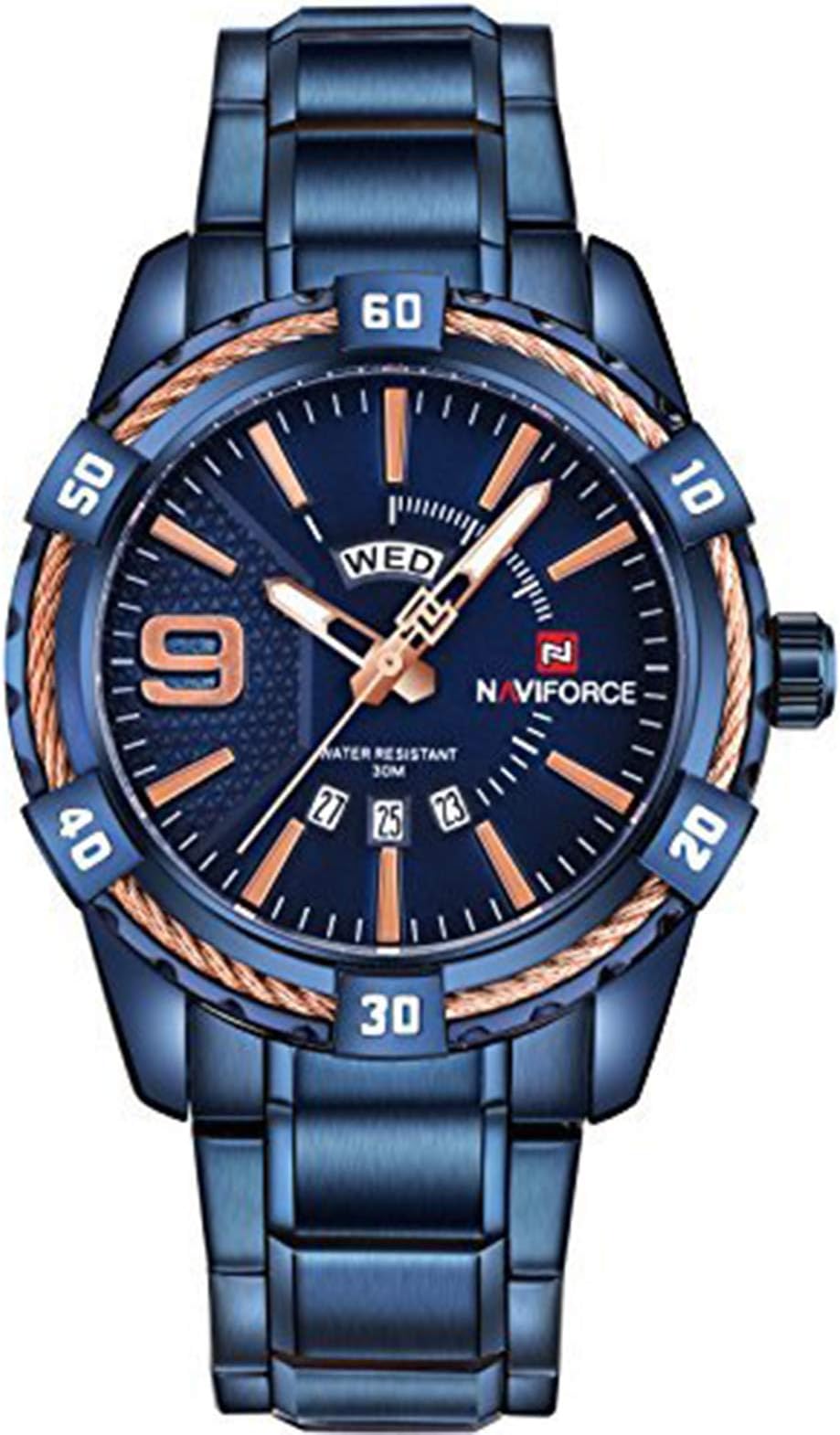 Ruiwatchworld Quartz Watch Casual Calendar Date Window Waterproof Stainless Steel Blue Dial Mens Watch