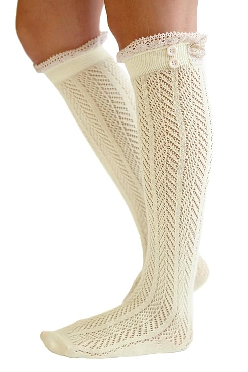 The Original Button Boot Socks with Lace Trim Boutique Socks by Modern Boho Cream best boot socks