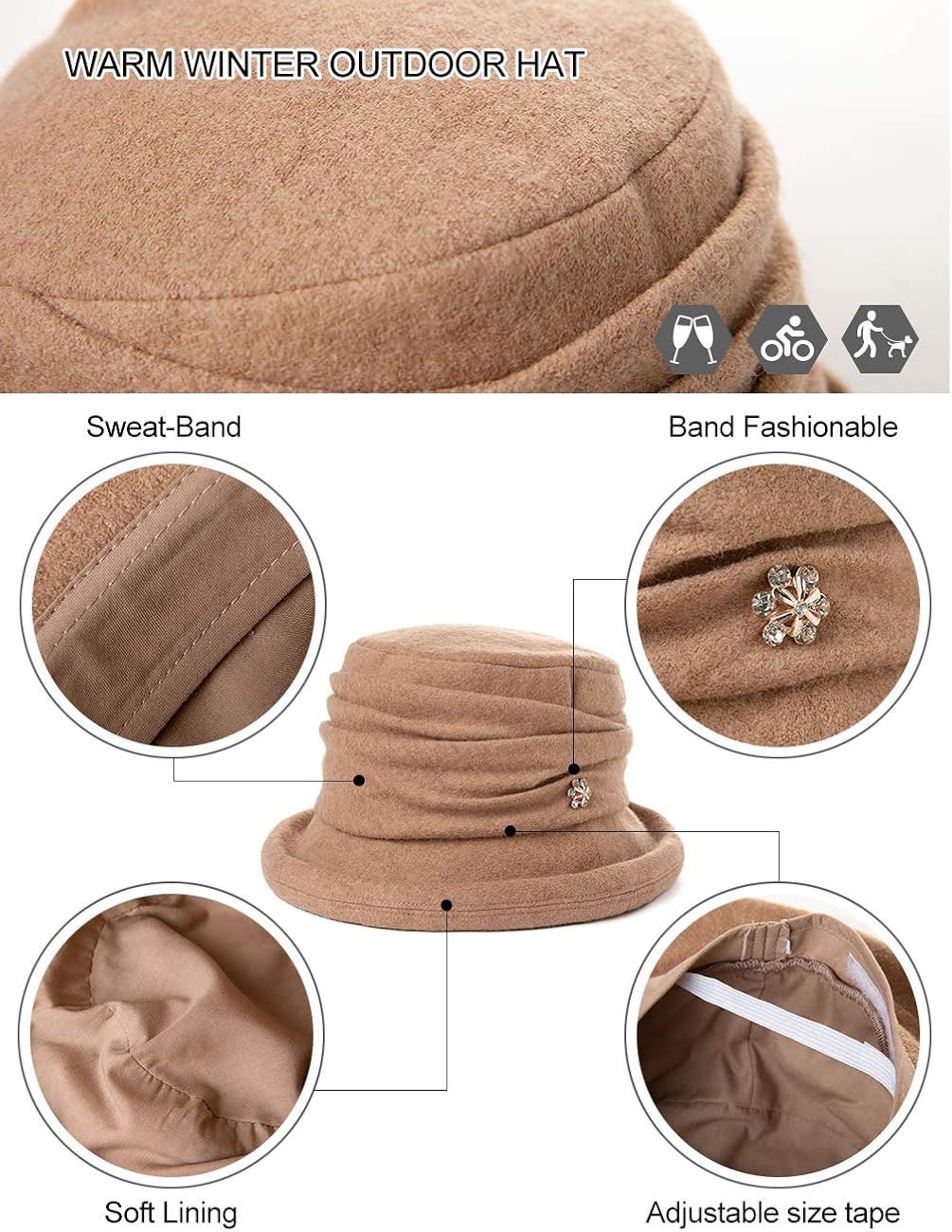 Womens Black Vintage Wool Felt Cloche Bucket Hat Winter Fall Packable at  Women’s Clothing store