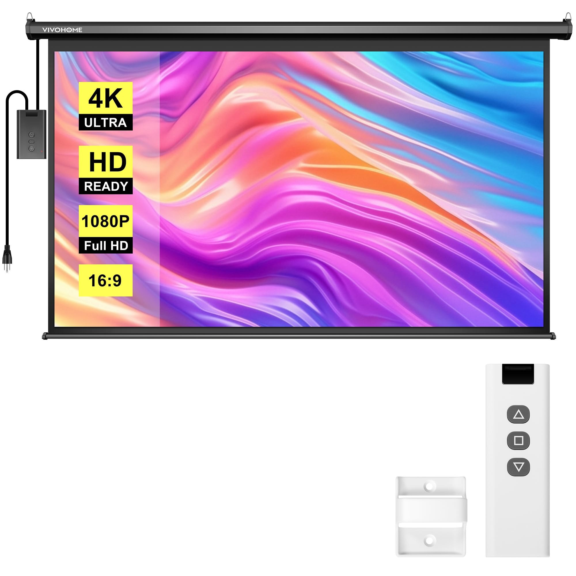 Photo 1 of VIVOHOME Motorized Projector Screen with Remote, 16:9 84 Inch Auto Electric Projection Screen, HD 4K Movie Screen for Home Theater, Cinema, Office (73 x 41 Black)