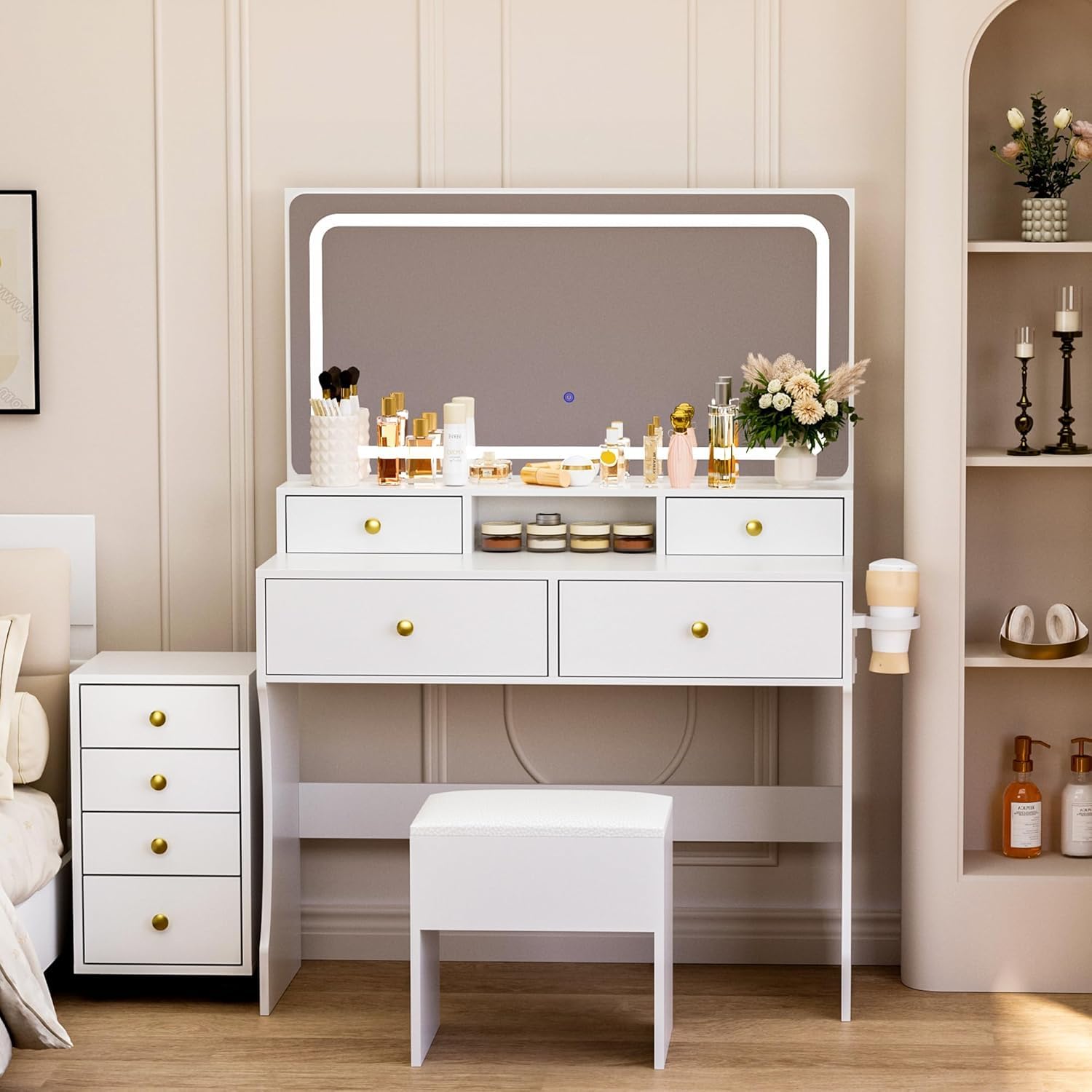 Photo 1 of ***MINOR DAMAGE, UNKNOWN HARDWARE ***Pamapic Vanity Desk with File Cabinet, 8 Drawers Makeup Vanity with Mirror and Lights,3 Lighting Modes Dressing Table with Chair, Power Outlet, Silent Slides, White