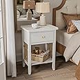 COSIEST Farmhouse Nightstand, Rustic 2-Tier End Table, MDF Bedside Table with Hemp Rope Decor, Wood Accent Table with Storage Drawer and Open Display Shelf for Bedroom Living Room, White
