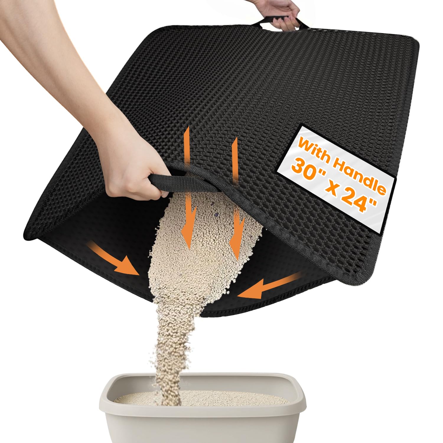 Photo 1 of Cat Litter Mat-30"X24" Large Litter BoxTrapping Mat for Kitty EVA Honeycomb Double Layer Design, Urine & Waterproof with Handle Design Easier to Clean, Washable, Black