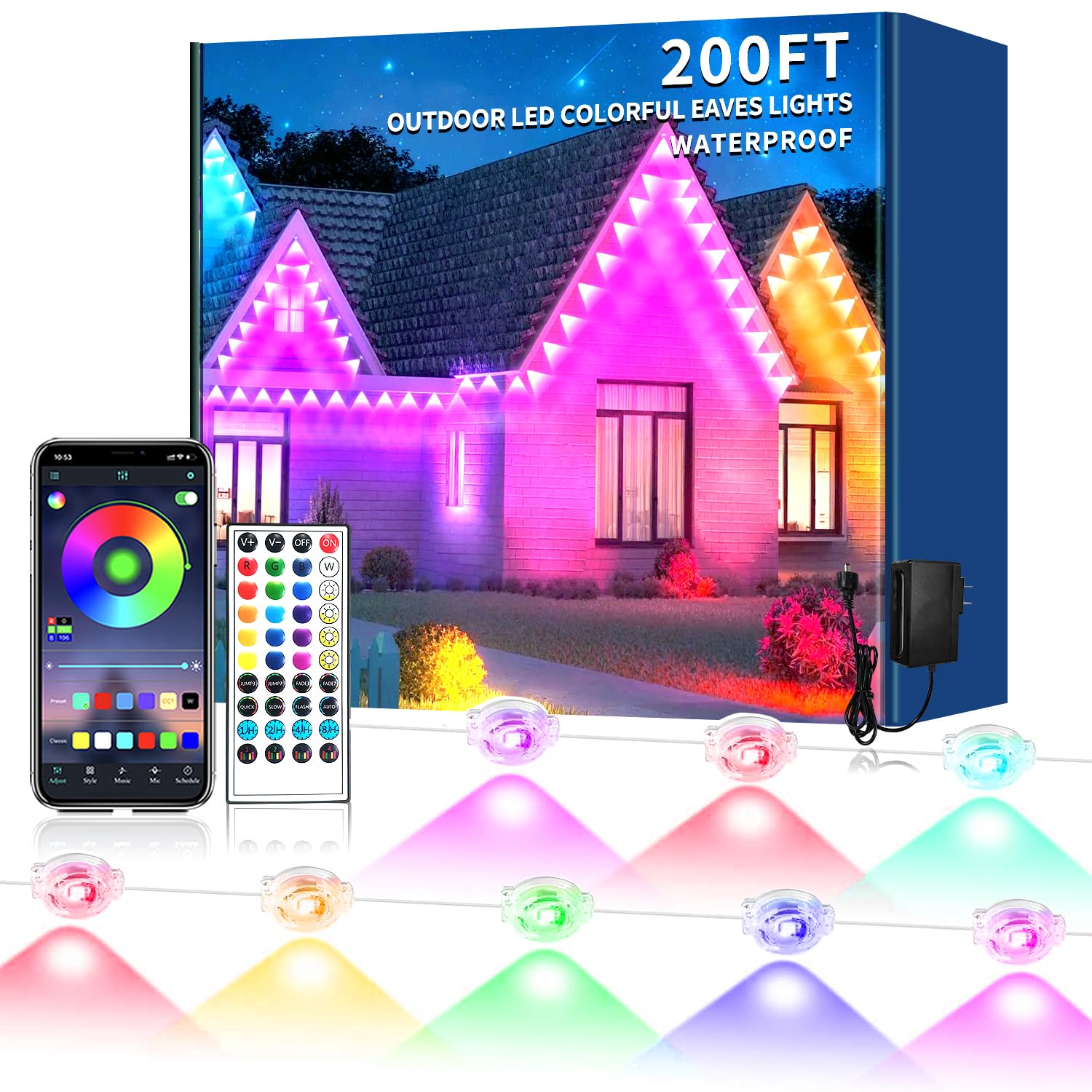 Photo 1 of 200FT Permanent Outdoor Lights for House,Waterproof Smart RGB LED Eaves Lights?permanent outdoor lights with App/Remote Control,Music synchronisation?for House,Halloween,Roof,Christmas Decorations