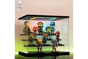 AZEYN Clear Acrylic Display Case with Light , 4 Tier Multiple Color Lights Display Box Stand Assembly Dustproof Protection Showcase for Collectibles Action Figures (Black 12.6×9.6×10.6in)